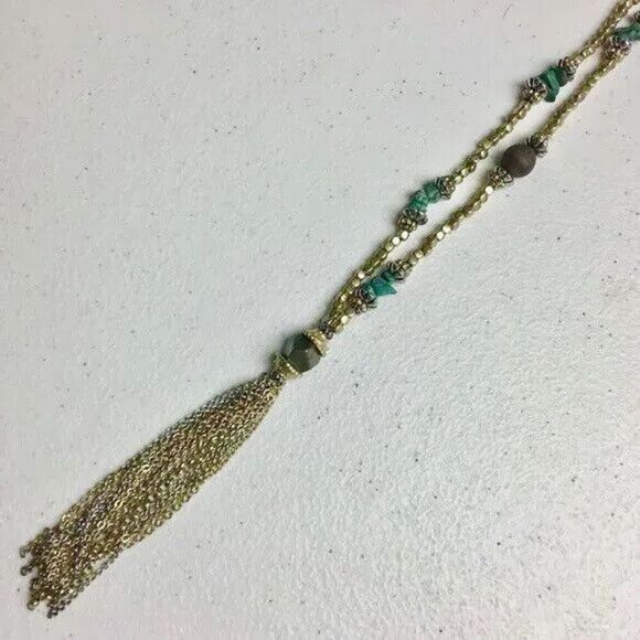 Tassel Necklace Gold Chain Silver Beaded Turquoise Color Stones Lava Beads - Picture 12 of 13